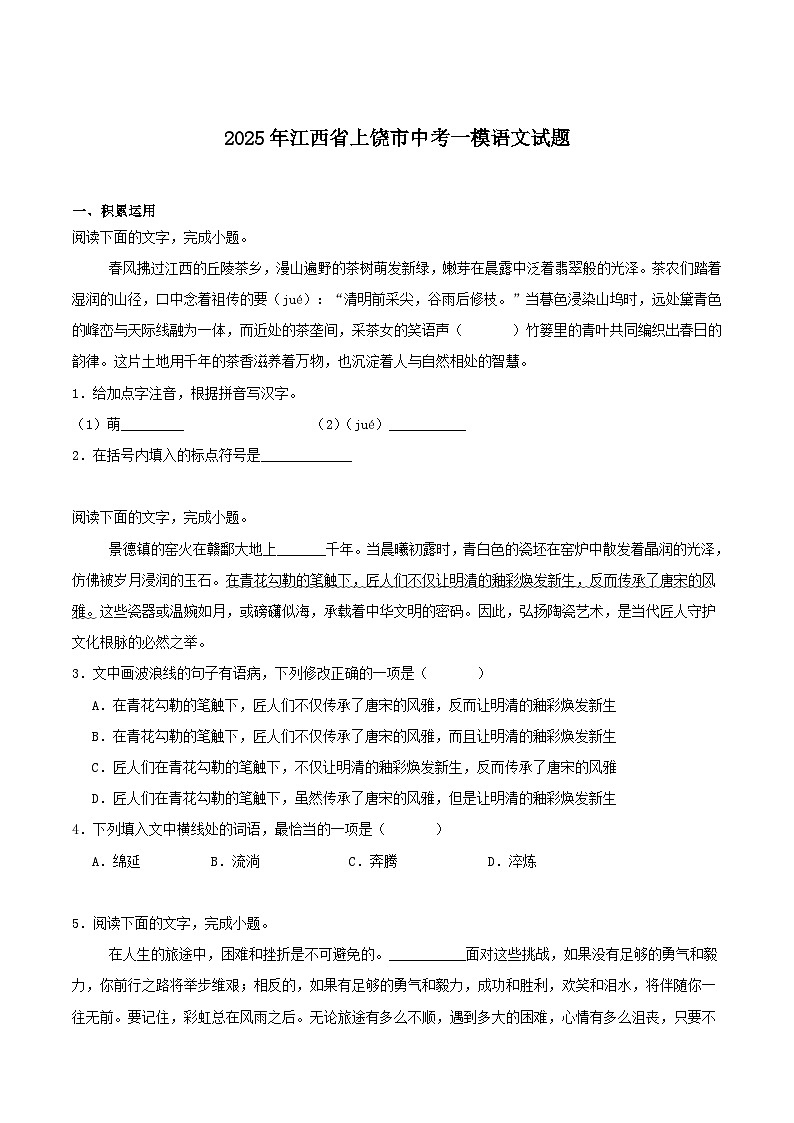 江西省上饶市2025届九年级中考一模语文试卷（含答案）第1页