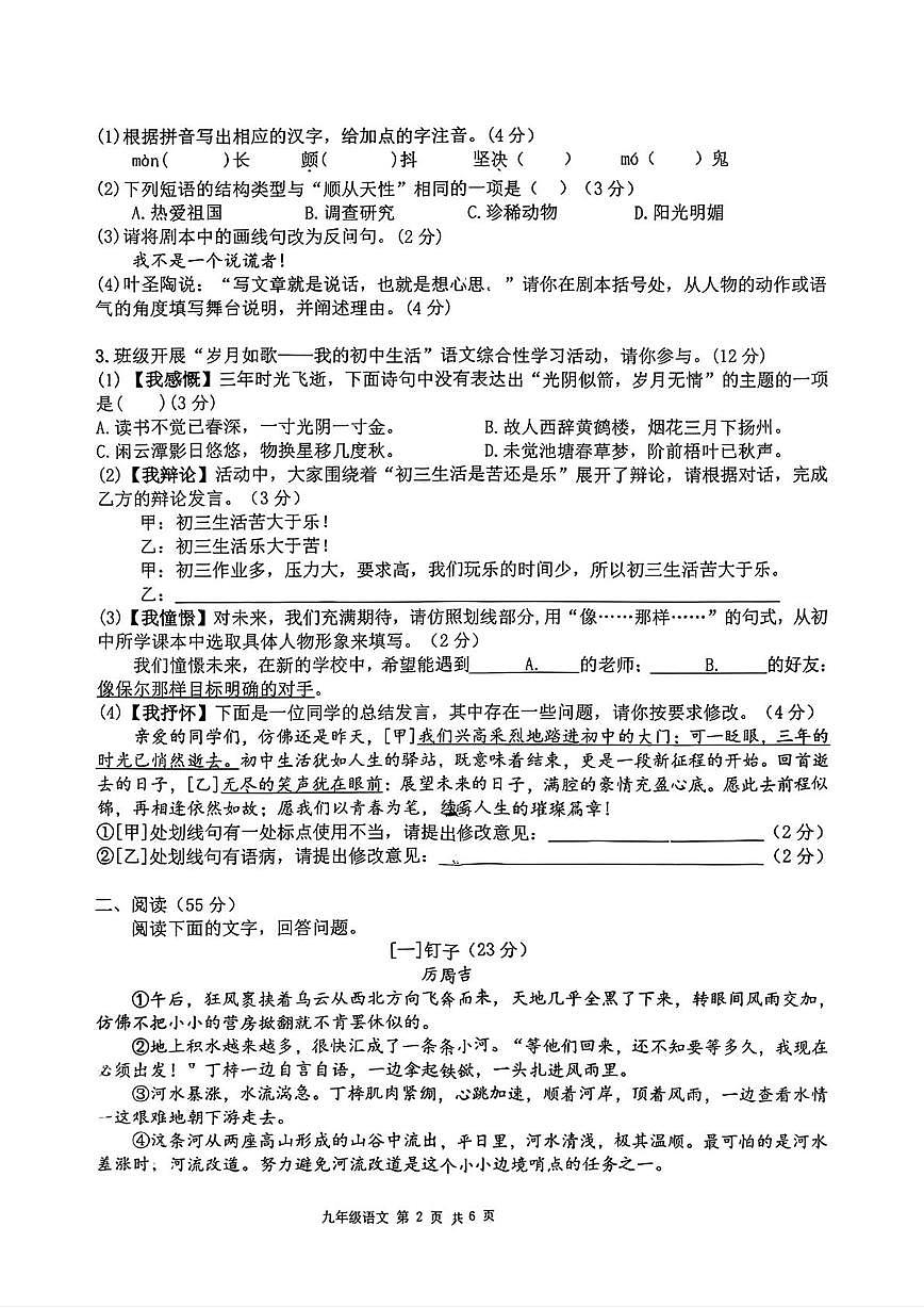 安徽宿城初级第一中学2025—2026学年第一学期九年级期末测试语文试卷第2页