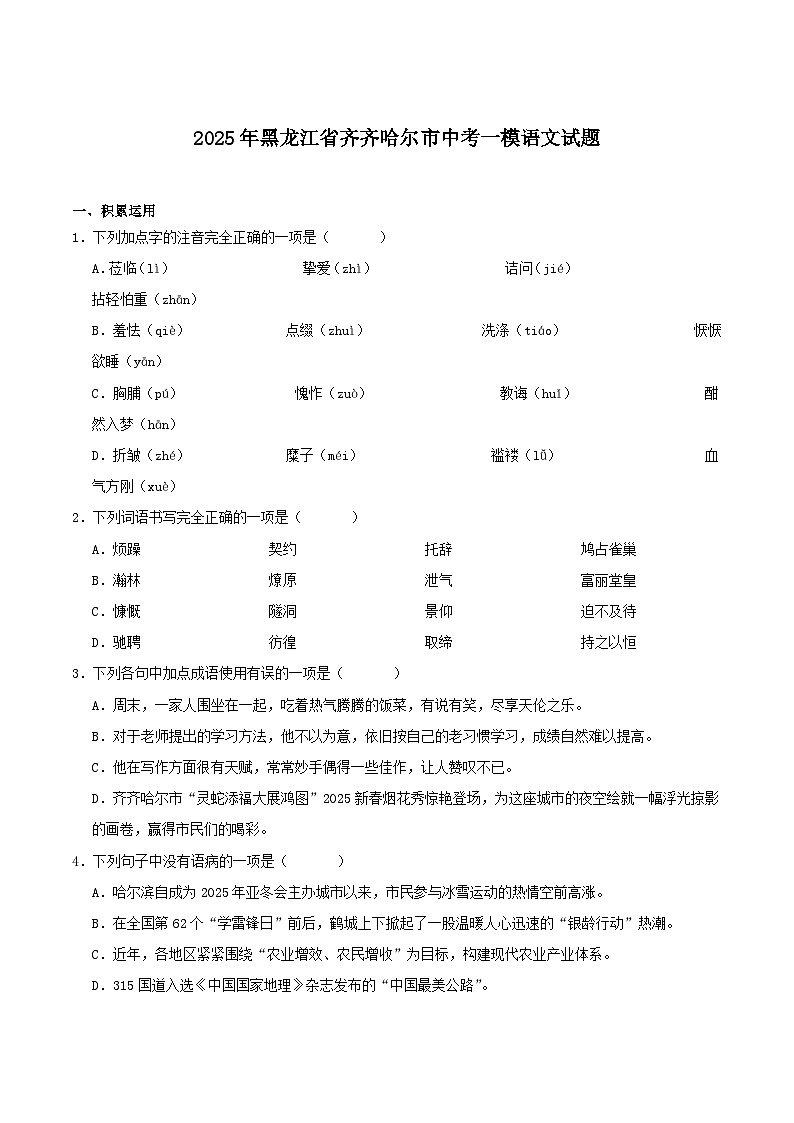黑龙江省齐齐哈尔市2025届九年级中考一模语文试卷第1页
