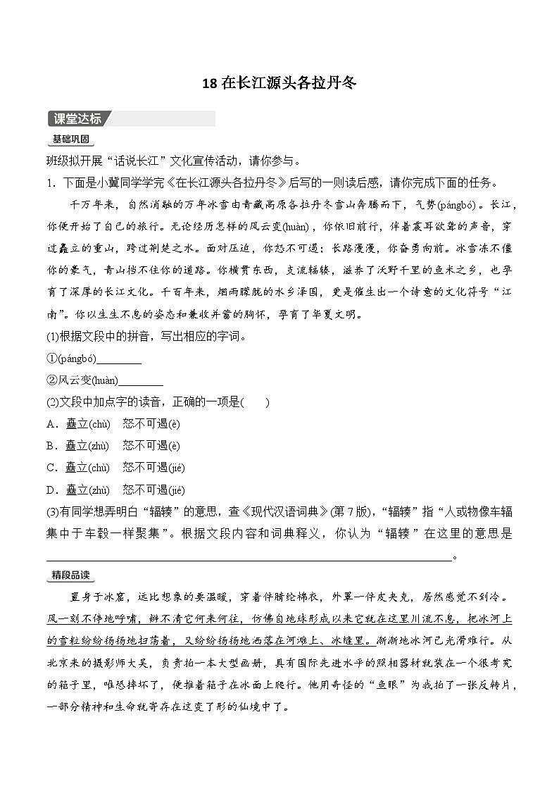 18　在长江源头各拉丹冬同步练习（含答案） 2025-2026学年语文统编版八年级下册第1页