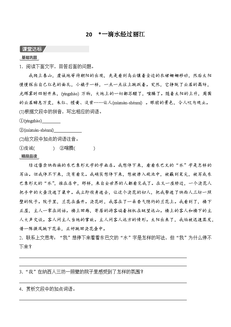 20   一滴水经过丽江同步练习（含答案）  2025-2026学年语文统编版八年级下册第1页