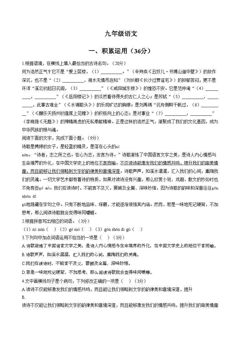 广东省江门市第一实验学校2025_2026学年九年级下学期语文收心练习(文字版，含答案)第1页