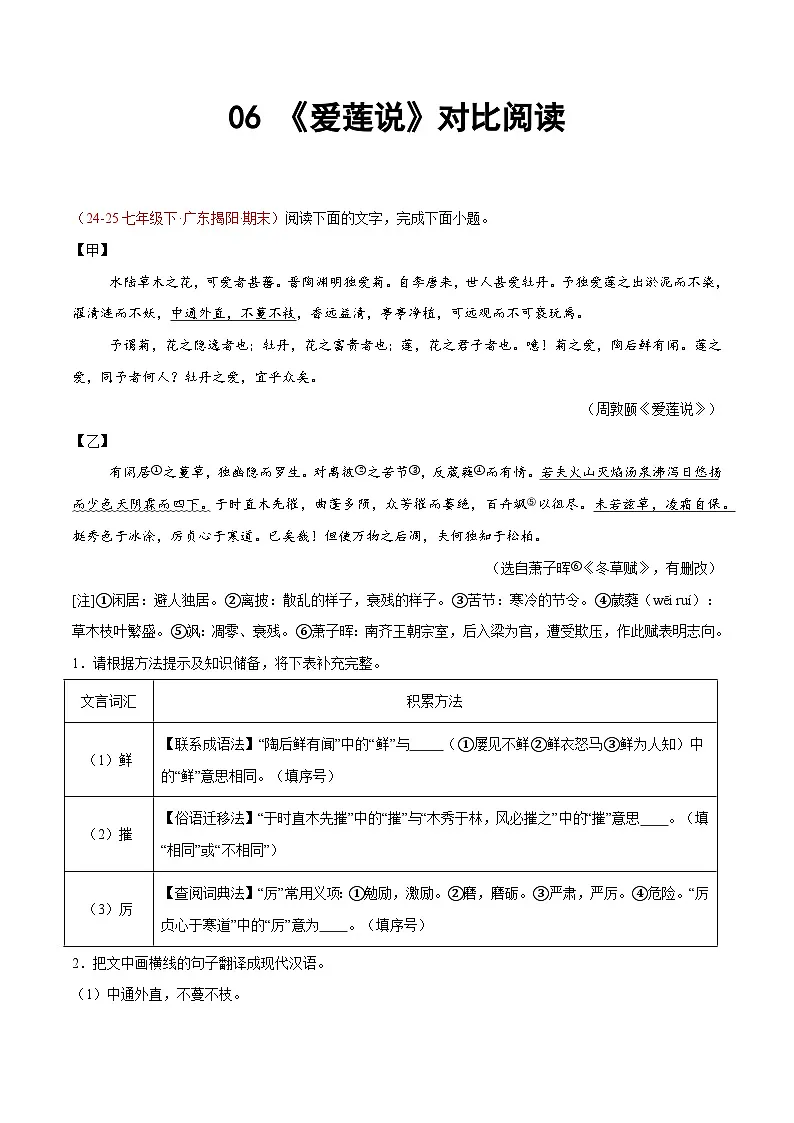 06. 《爱莲说》对比阅读（15组71题）（原卷版）第1页
