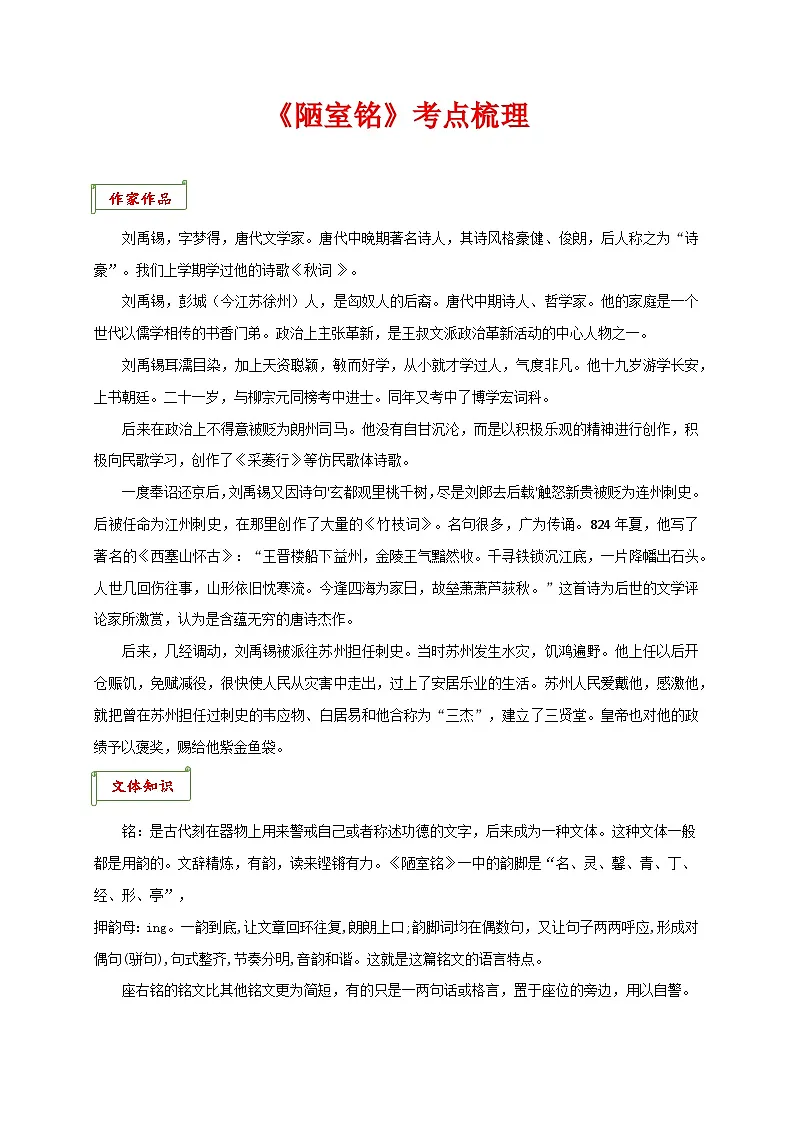 专题04 《陋室铭》考点梳理-2025-2026学年七年级语文下学期文言文考点梳理与真题训练第1页