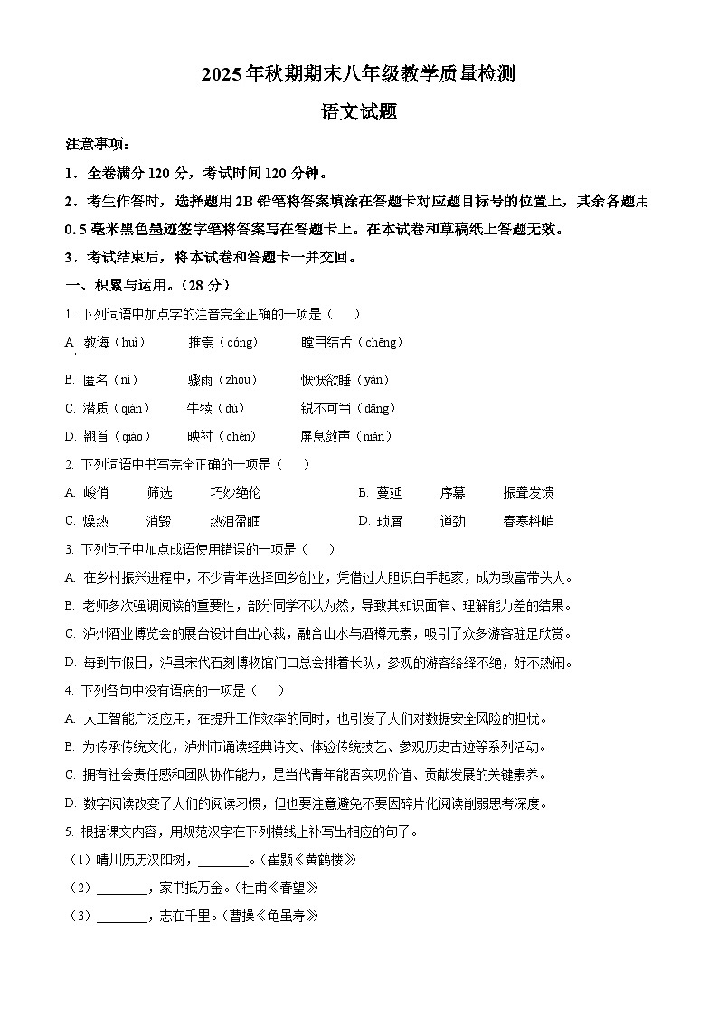 四川省泸州市泸县2025-2026学年八年级上学期期末语文试题第1页