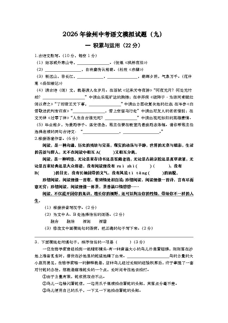 2026年徐州中考语文模拟试题（九）第1页
