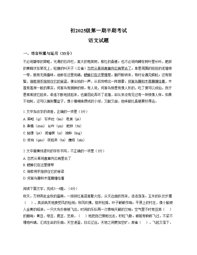 四川省资阳市安岳中学2025_2026学年七年级上学期期中考试语文试题（文字版，含答案）第1页