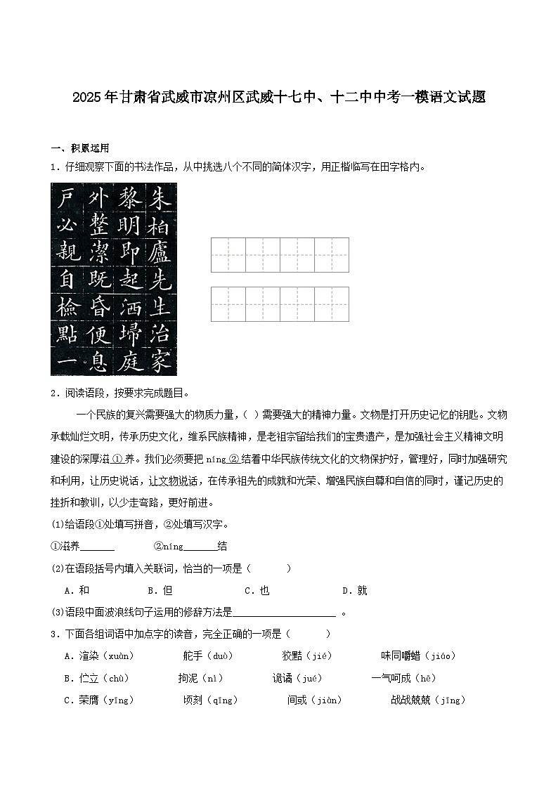 甘肃省武威市第十七中学、第十二中学2025届九年级下学期中考一模语文试卷第1页