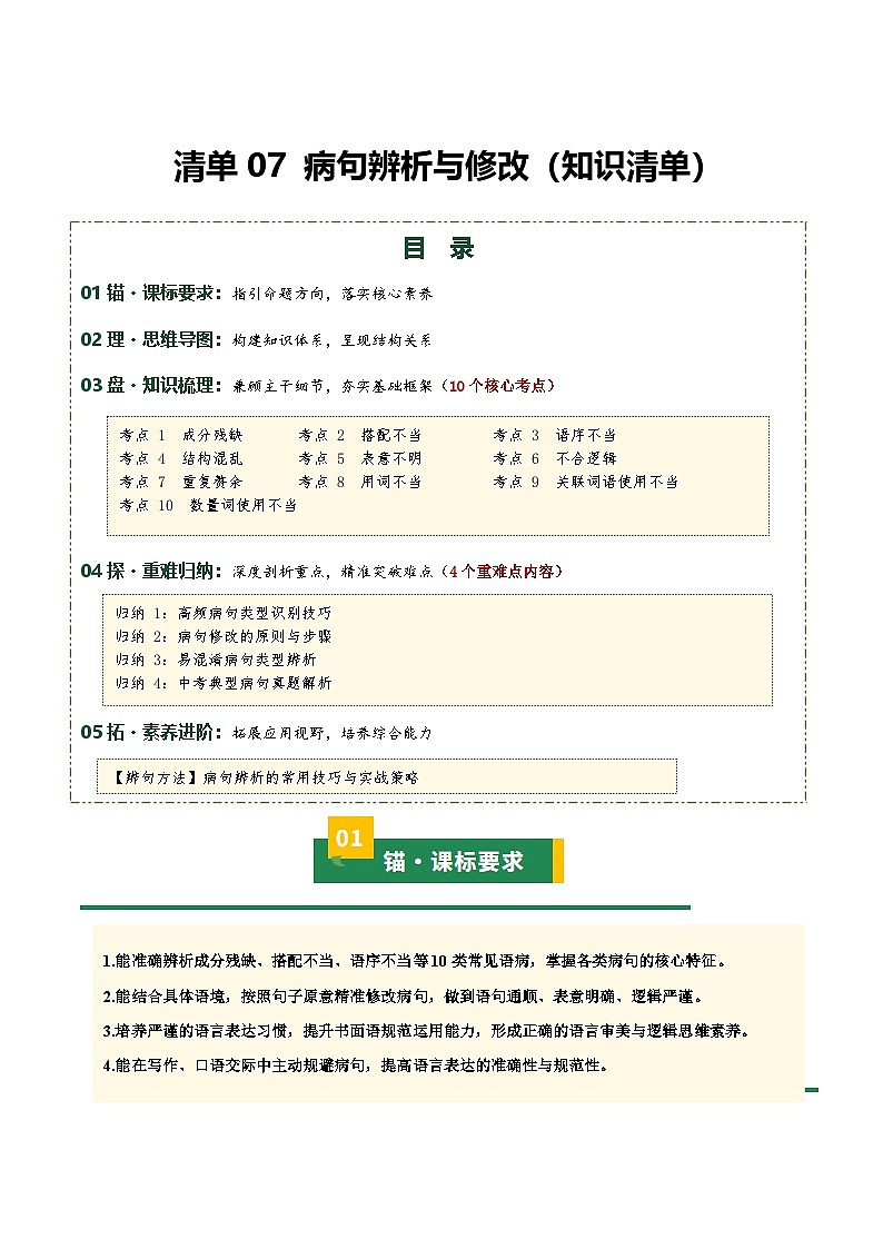 清单07 病句辨析与修改（知识清单）2026年中考语文一轮复习讲练测第1页