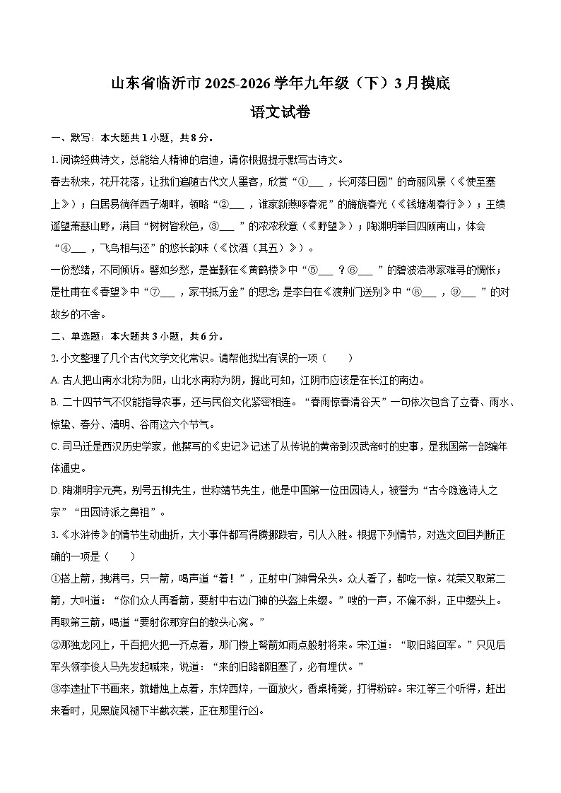 山东省临沂市2025-2026学年九年级（下）3月摸底语文试卷第1页
