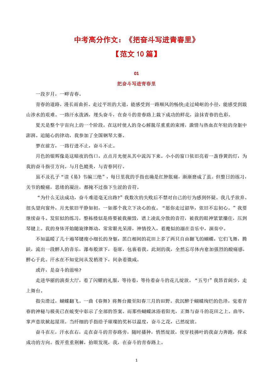 中考第一轮复习语文高分作文《把奋斗写进青春里》范文10篇知识点第1页