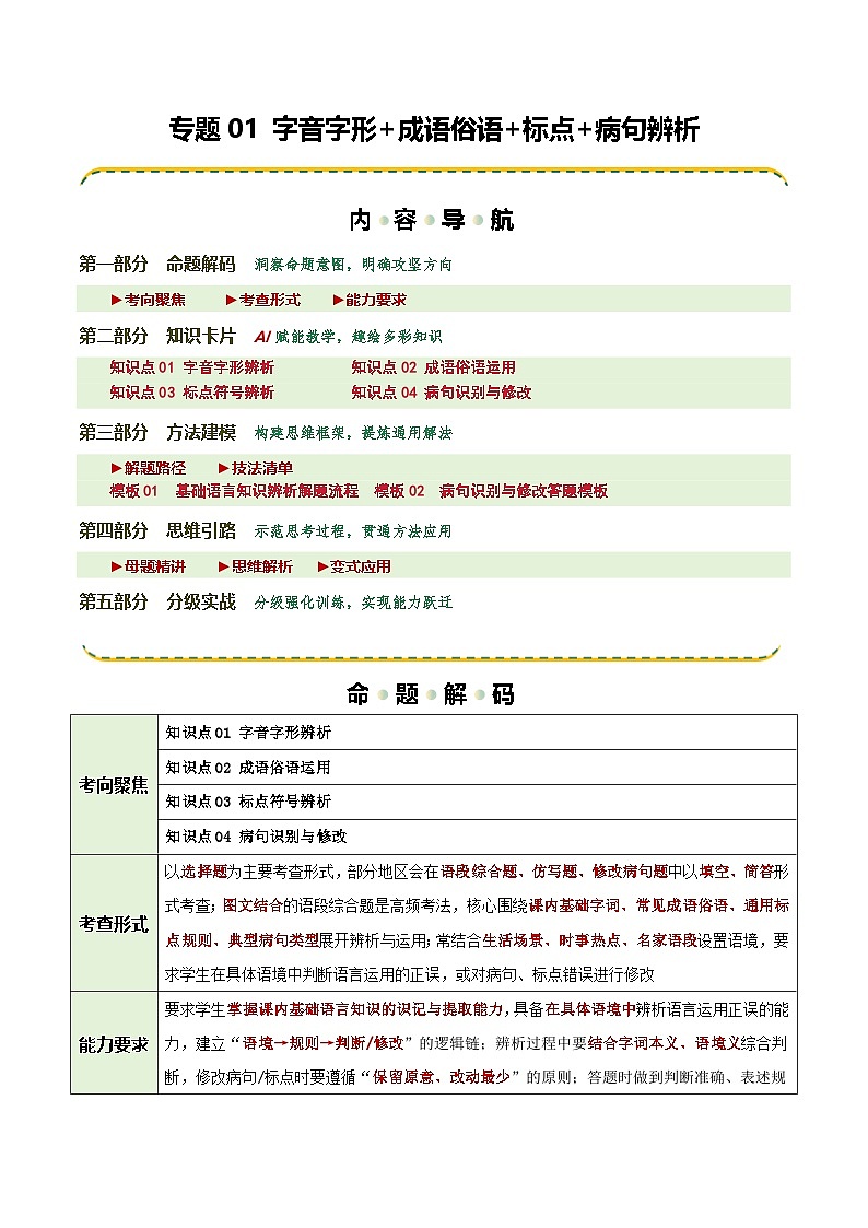 清单01 字音字形+成语俗语+标点+病句辨析（知识·方法·能力清单）（解析版）第1页