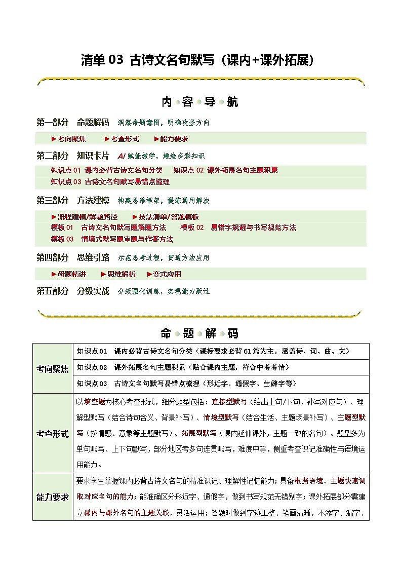 清单03 古诗文名句默写（知识·方法·能力清单）（原卷版）第1页