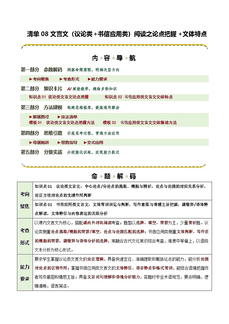清单08 文言文（议论类+书信应用类）阅读之论点把握+文体特点（知识·方法·能力清单）（解析版）第1页