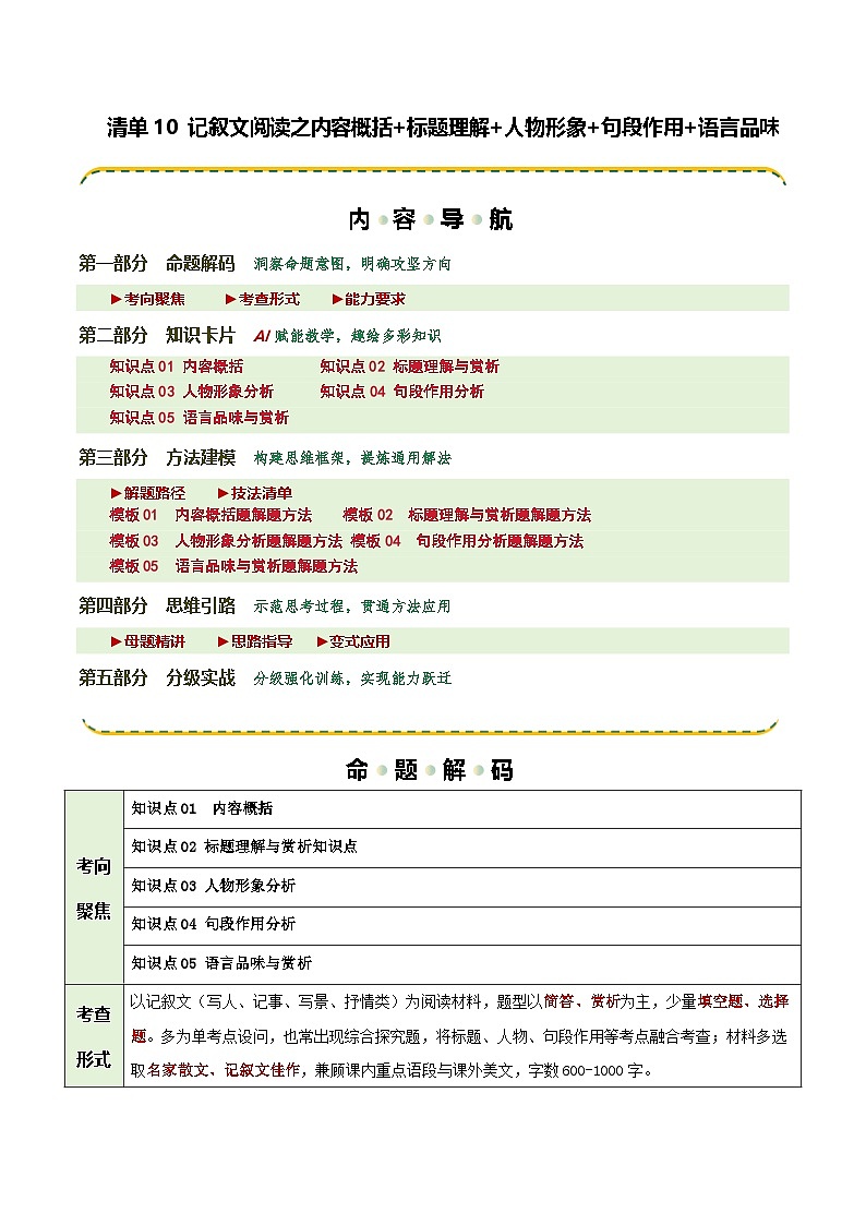 清单10 记叙文阅读之内容概括+标题理解+人物形象+句段作用+语言品味（知识·方法·能力清单）（原卷版）第1页
