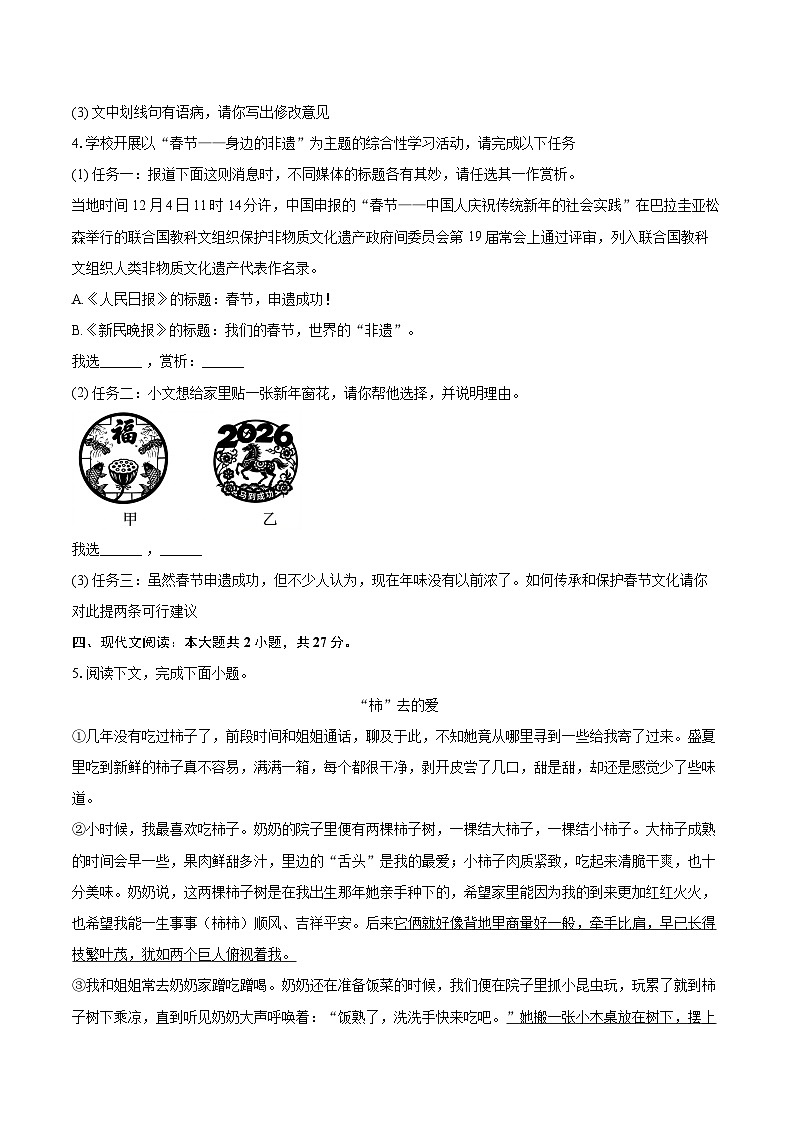 2025-2026学年河南省平顶山市宝丰县八年级（上）期末语文试卷(含详细答案解析)第2页