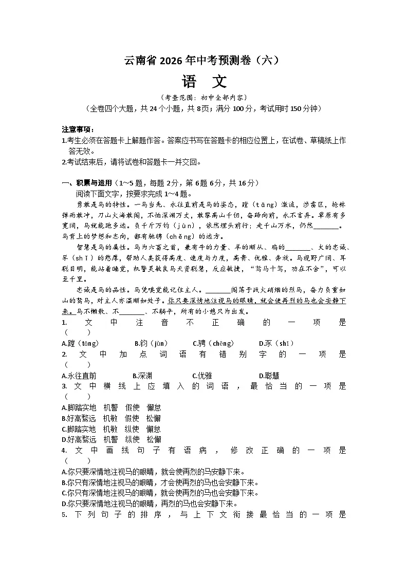 2026年云南省中考模拟语文自编模拟卷含答案（六）第1页