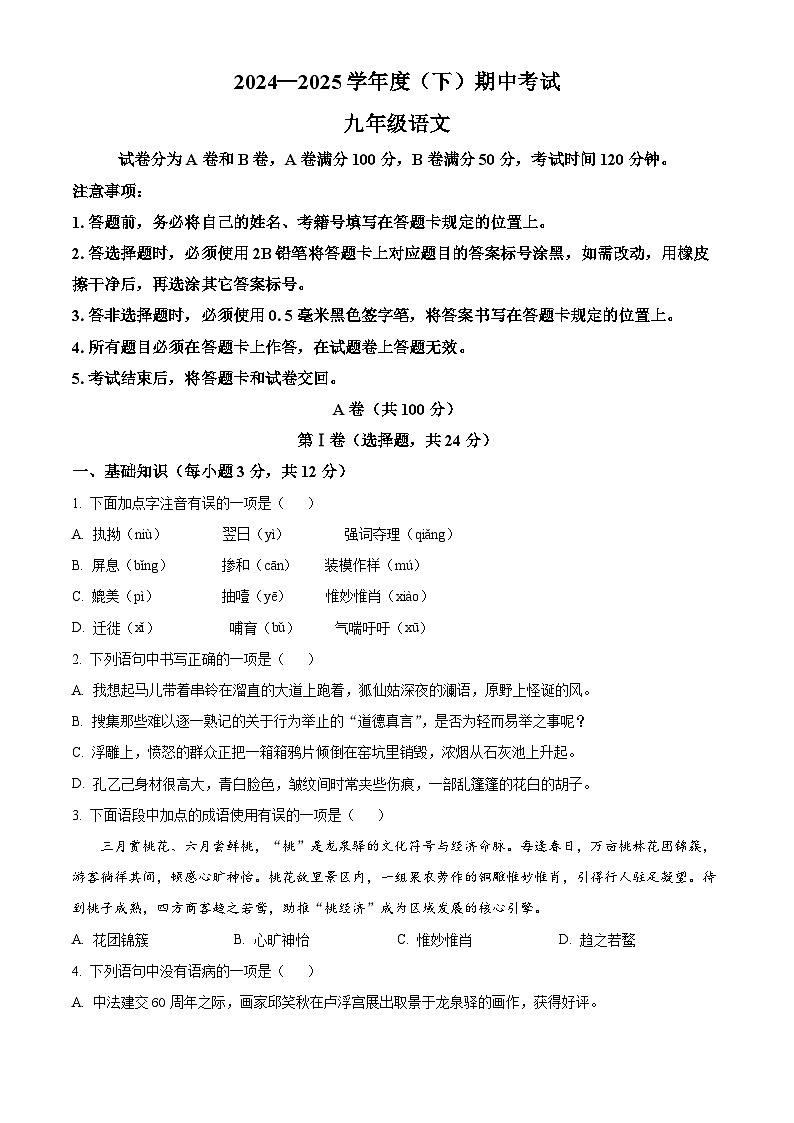 精品解析：四川省成都市龙泉驿区2024-2025学年九年级下学期期中语文试题（原卷版）第1页