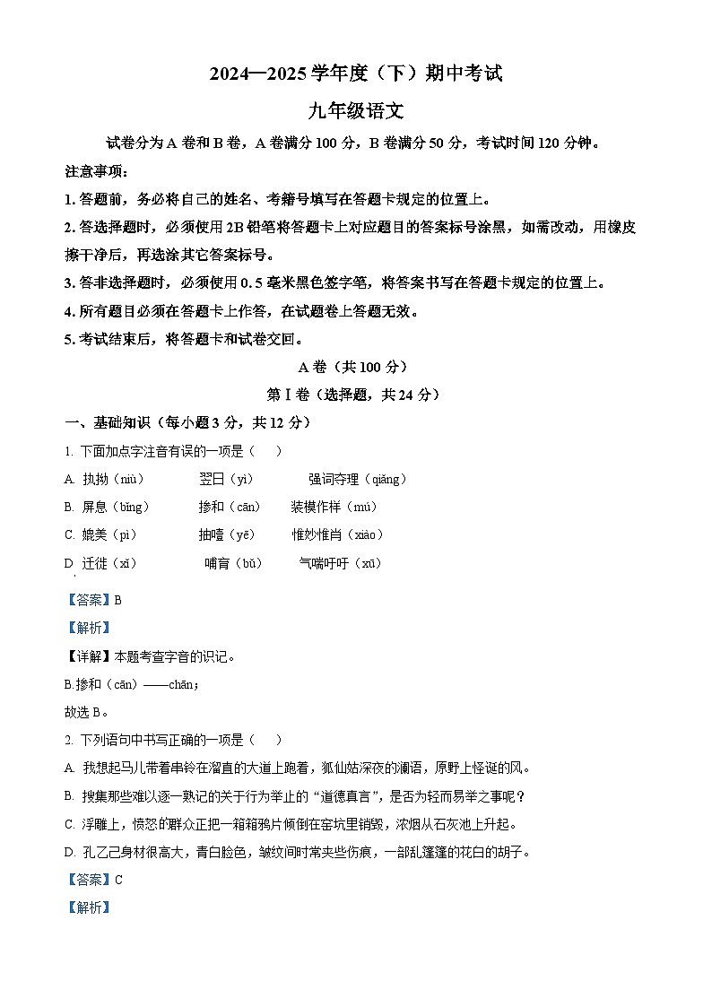 精品解析：四川省成都市龙泉驿区2024-2025学年九年级下学期期中语文试题（解析版）第1页