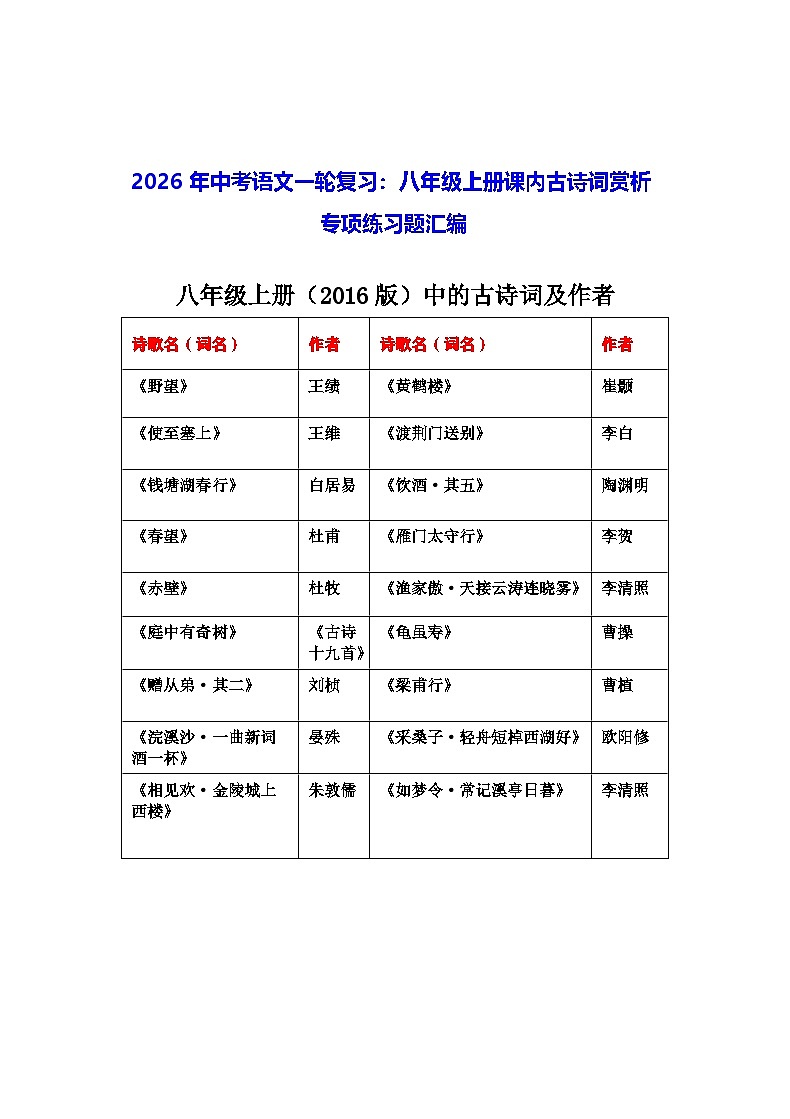 2026年中考语文一轮复习：八年级上册课内古诗词赏析 专项练习题汇编（含答案）第1页