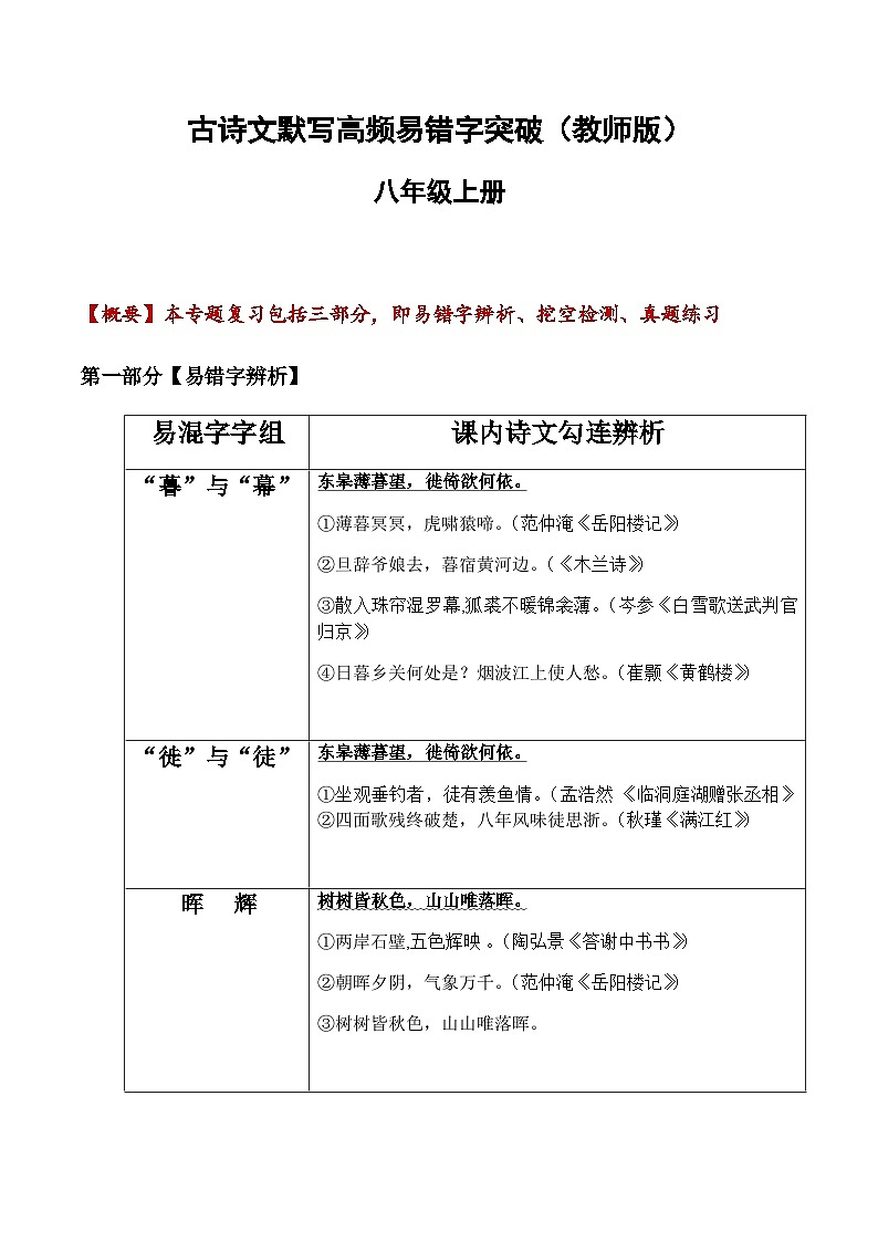 八年级上册语文古诗文默写易错字突破练习（含答案）第1页