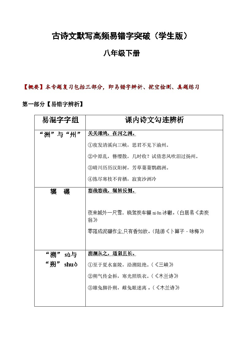 八年级下册语文古诗文默写易错字突破练习（含答案）第1页