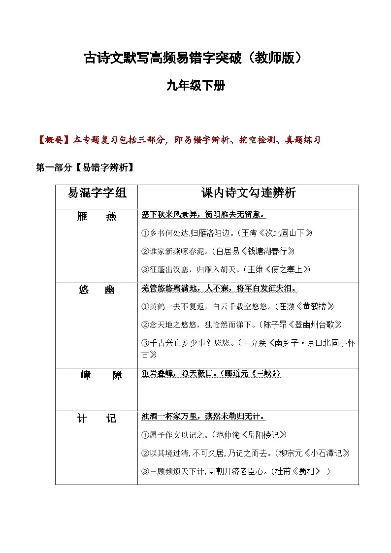 九年级下册语文古诗文默写易错字突破练习（含答案）第1页