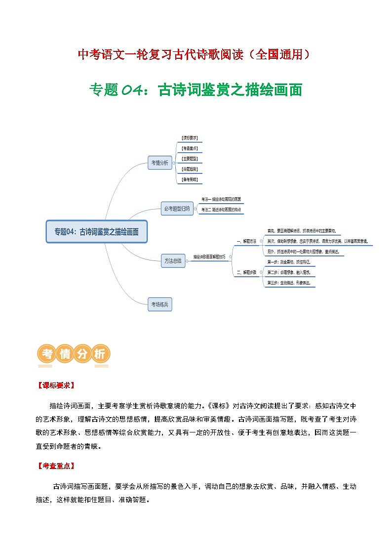 中考语文古代诗歌阅读复习题——古诗词鉴赏之描绘画面（含答案）第1页