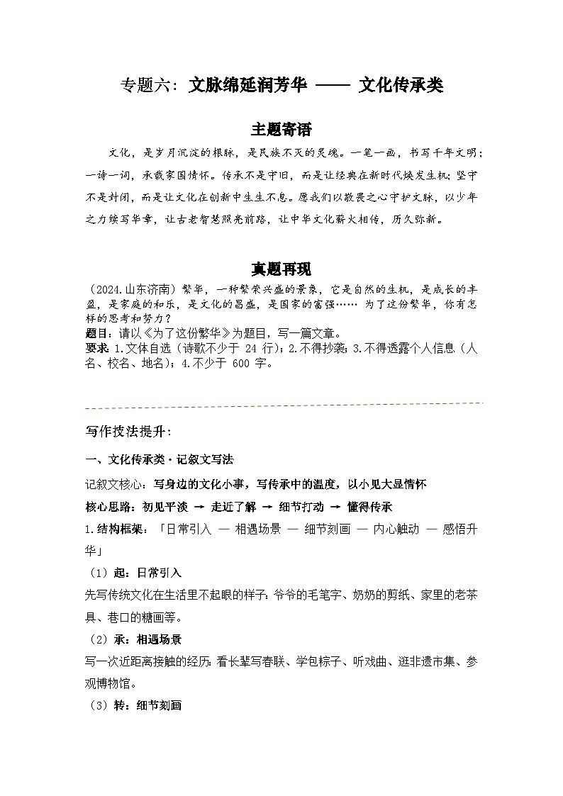 专题六：文脉绵延润芳华 —— 文化传承类-2026年中考语文二轮作文专题复习讲练（全国通用）第1页