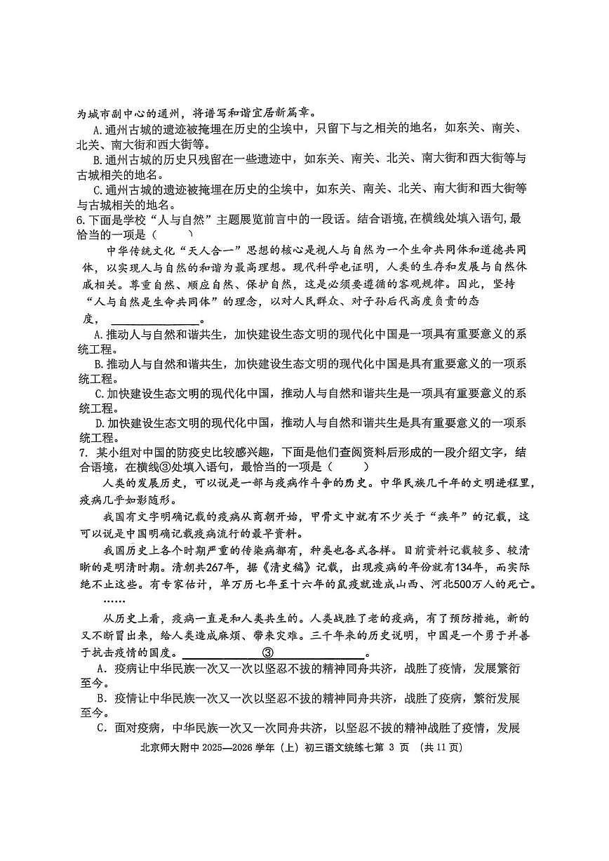 北京师范大学附属中学2025-2026学年九年级上学期统练七语文试题（无答案）第3页