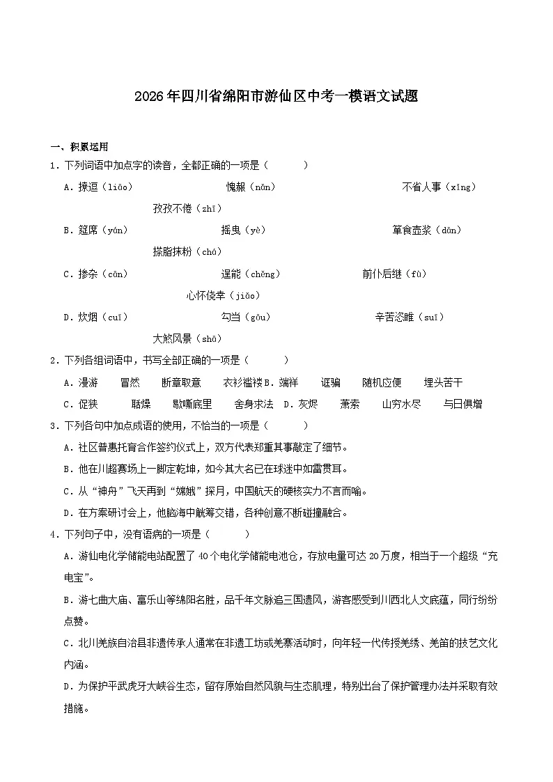 四川省绵阳市游仙区2026届九年级中考一模语文试卷（含答案）第1页