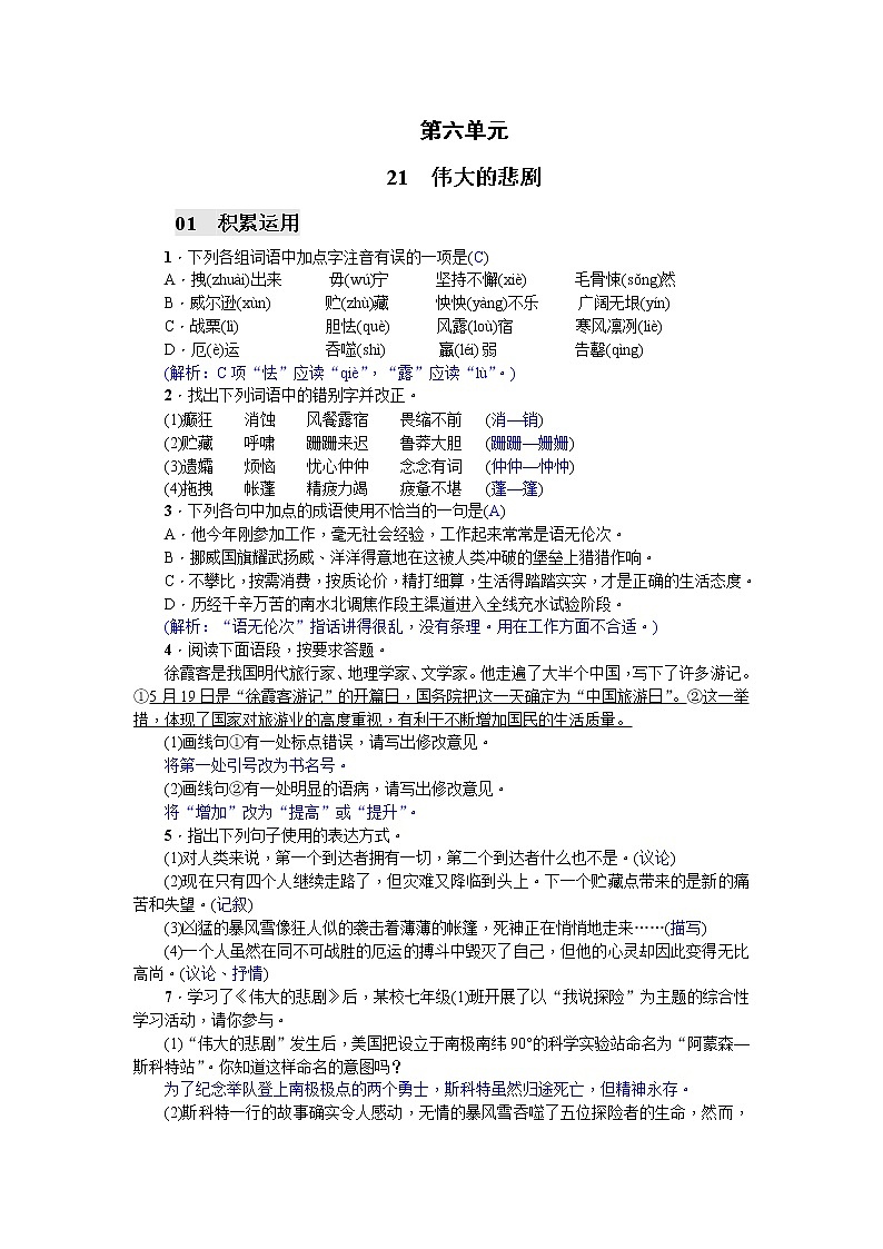 21 伟大的悲剧同步练习题 (含答案解析)第1页