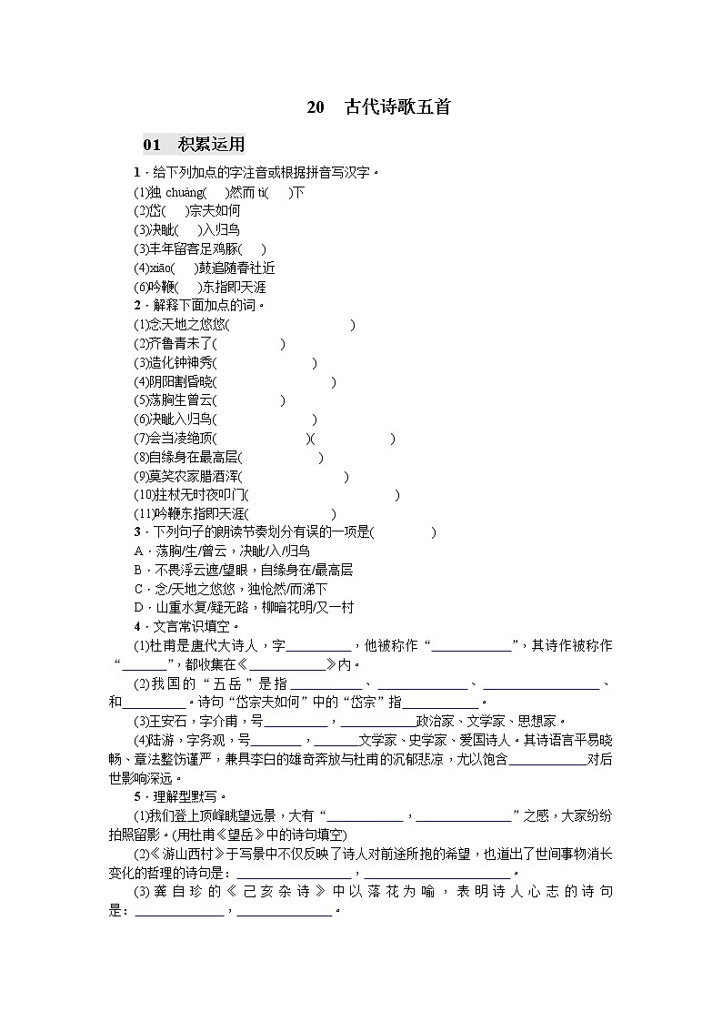 20 古代诗歌五首同步习题（学生版）01
