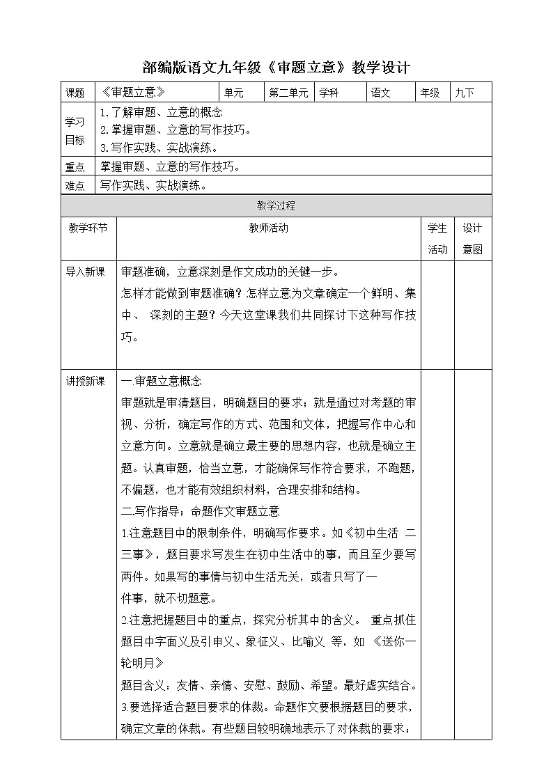 人教版九年级下册语文第2单元《审题立意》01