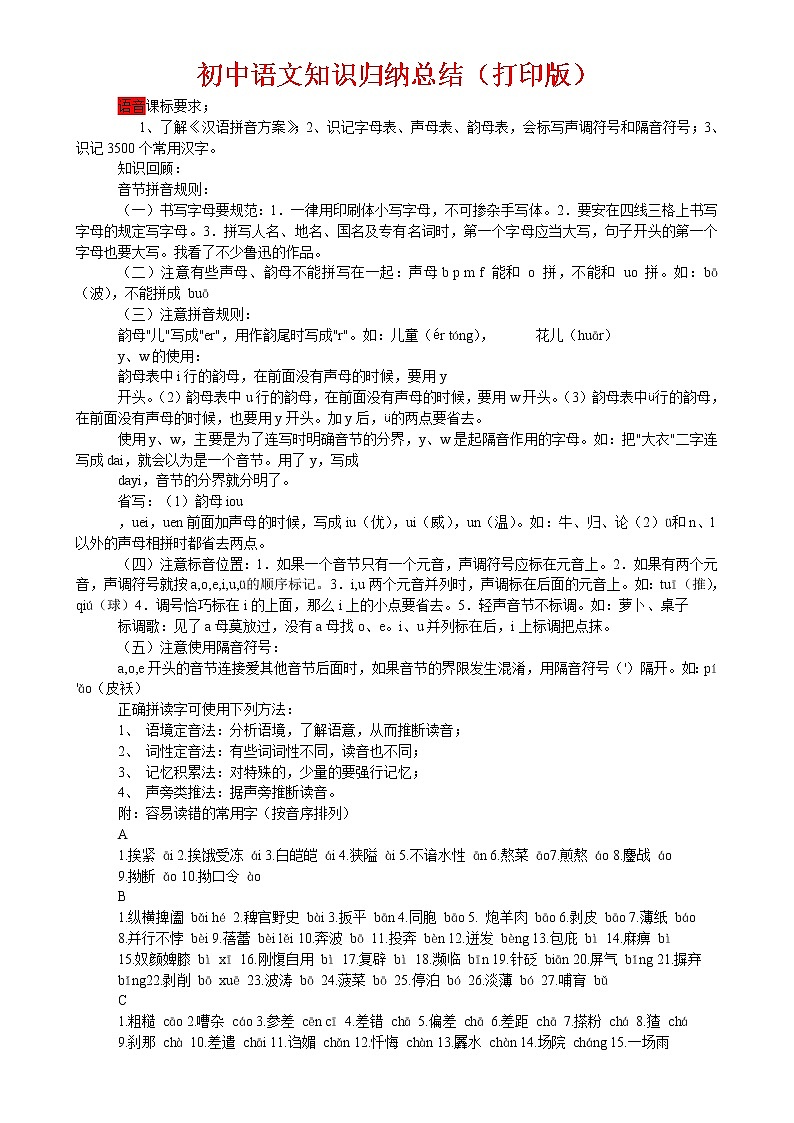 人教版（超详）初中语文知识点归纳汇总01