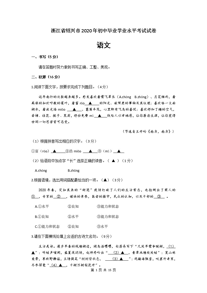 2020年浙江省绍兴市中考语文试卷（含答案）01