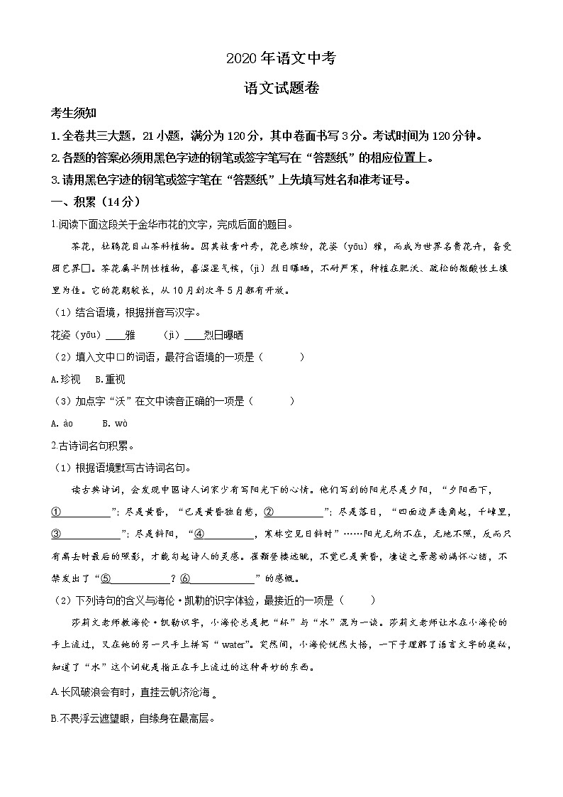 2020年中考语文试题三（附答案）第1页