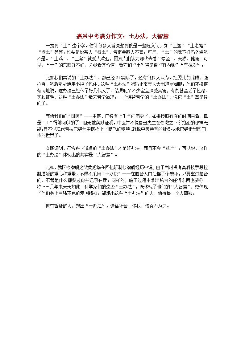 浙江省嘉兴市中考语文满分作文土办法，大智慧第1页