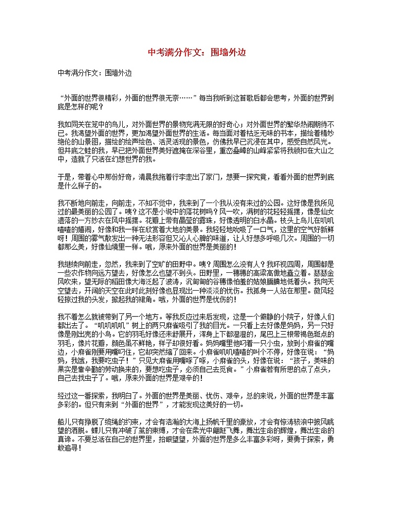 中考语文满分作文围墙外边第1页