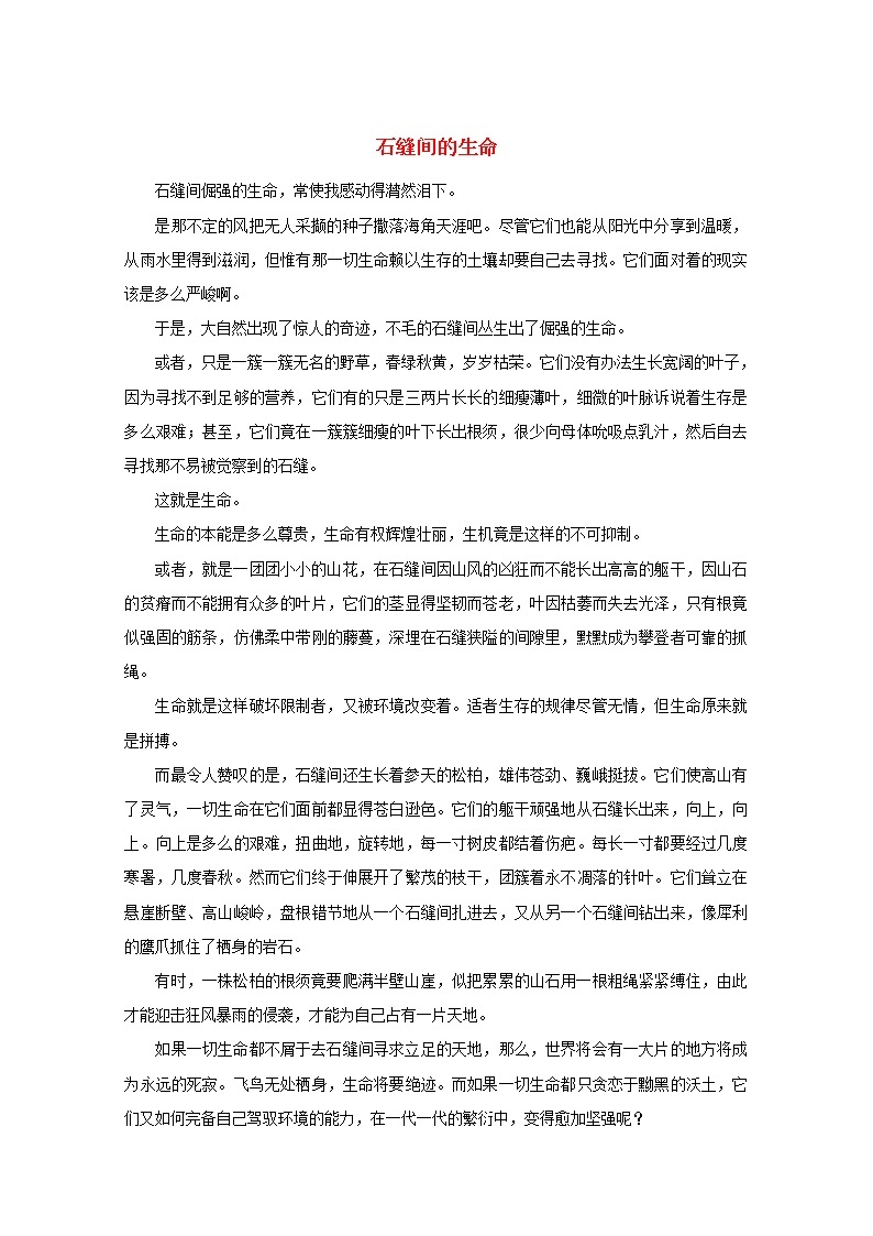 中考语文冲刺经典阅读石缝间的生命素材 试卷01