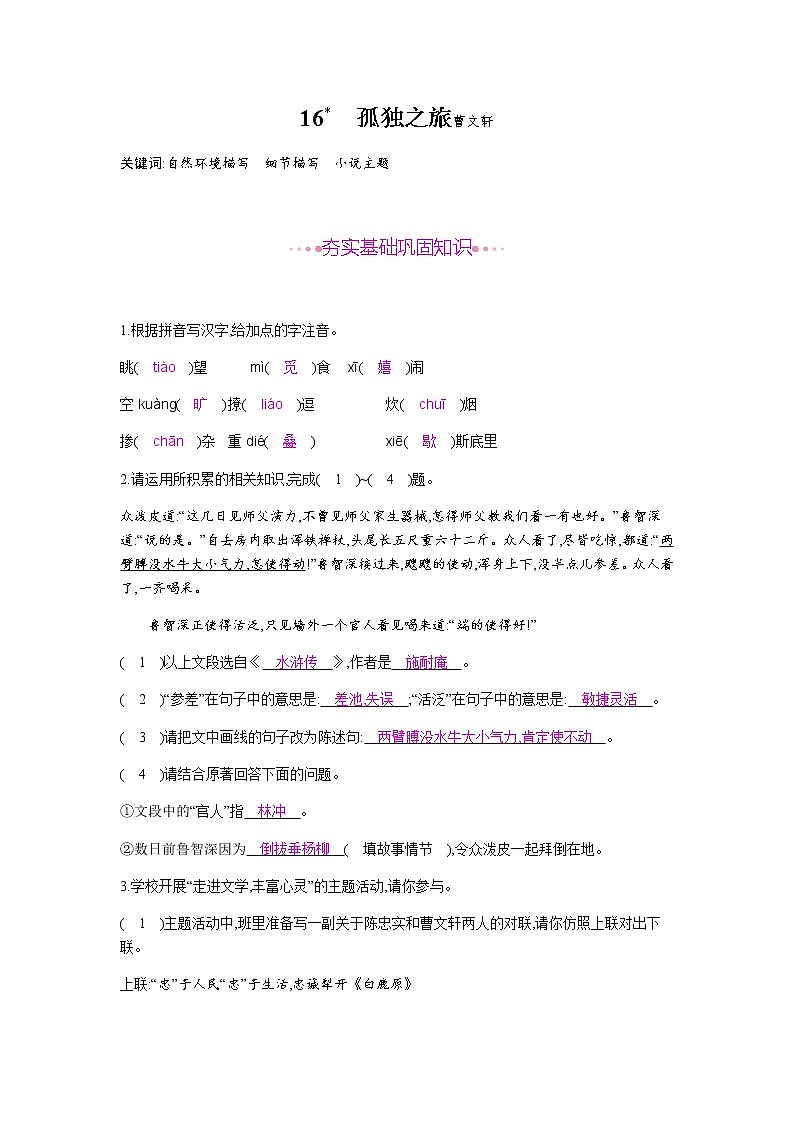 （2020年秋）人教版九年级上语文第17课  孤独之旅 课件教案练习01