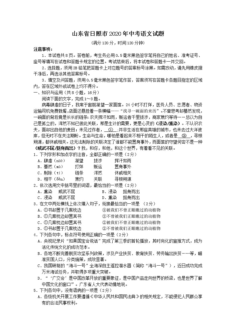 2020年山东省日照市中考语文试题（含答案解析）01