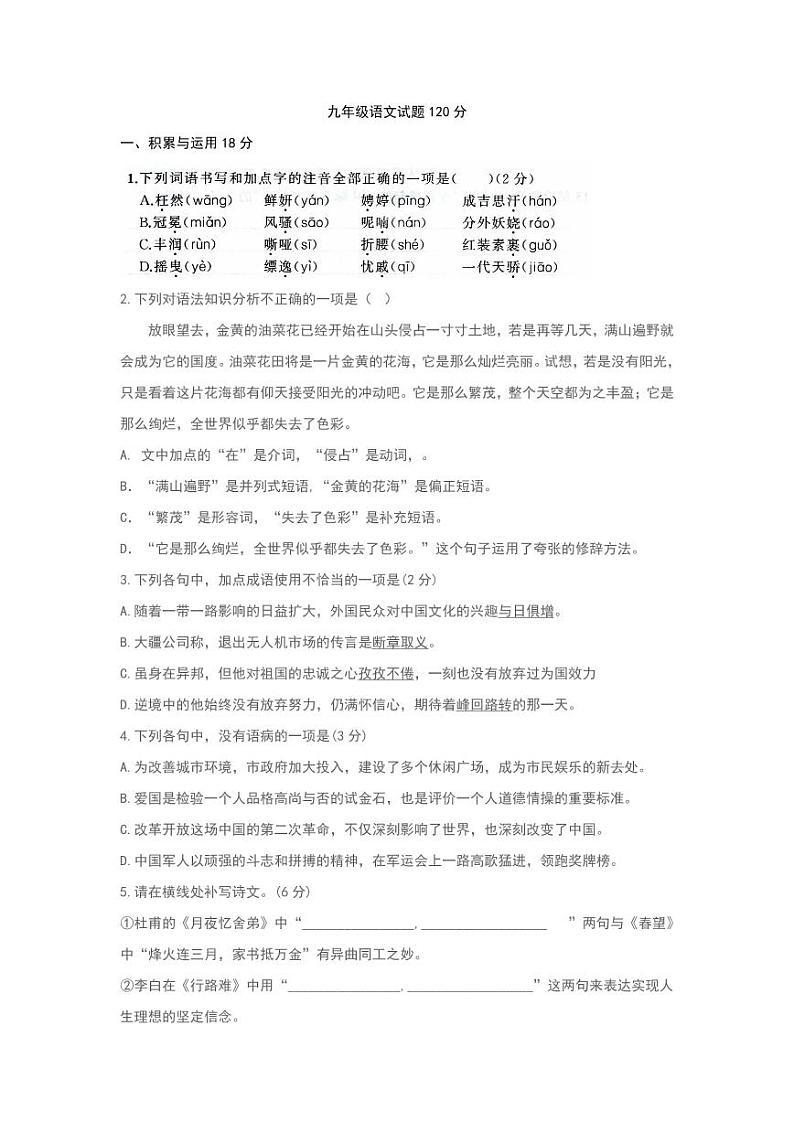 山东省青岛市开发区第四中学2020—2021学年第一学期九年级月考语文试题（PDF版，无答案）01