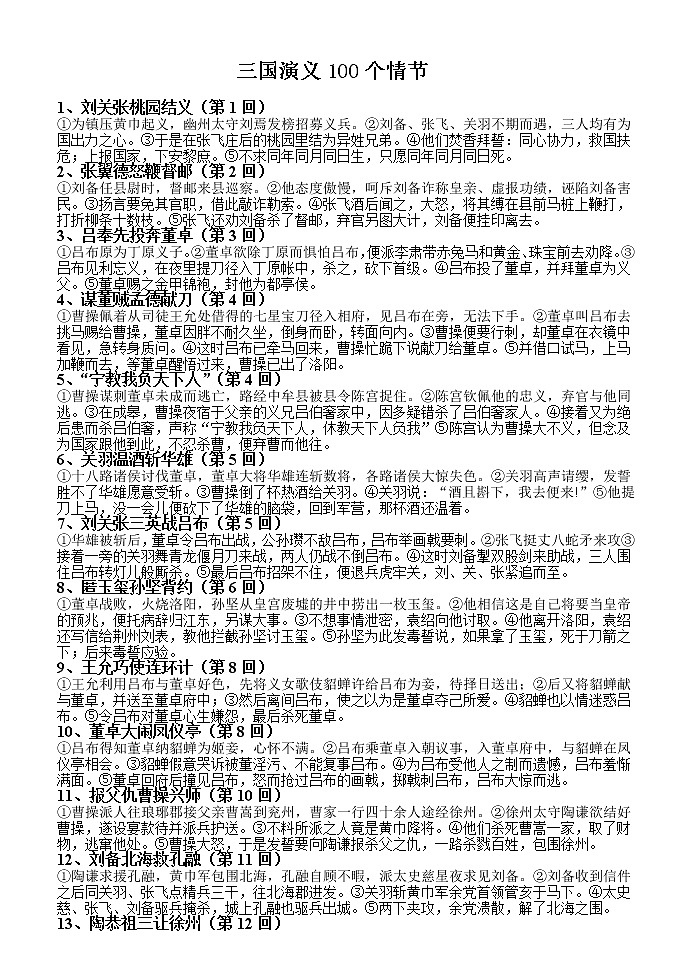 中考语文名著导读：《三国演义》每回重点情节概括-共100个第1页