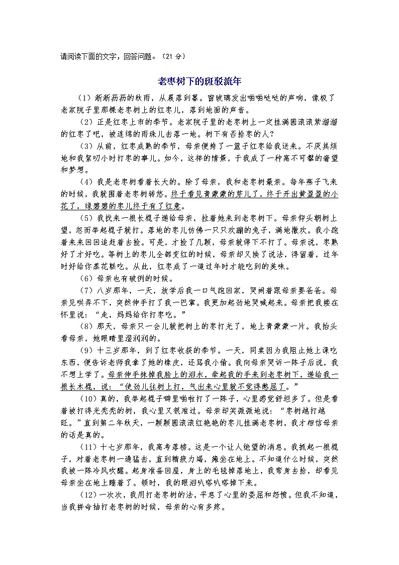 初中  语文  中考专区  二轮专题3.《老枣树下的斑驳流年》现代文阅读（含参考答案）第1页