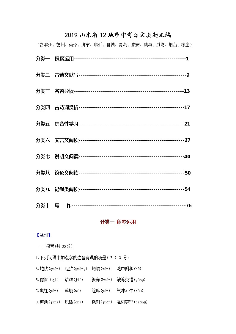 2019年山东省12地市中考语文真题分类汇编（word版，含答案）（共10个专题）第1页