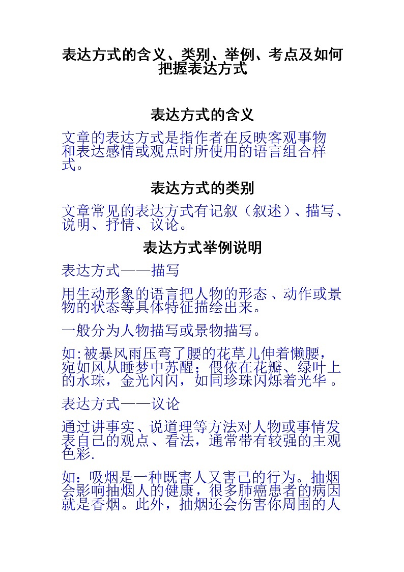 初中 / 语文 / 中考专区 / 专题复习 表达方式的含义、类别、举例、考点及如何把握表达方式01
