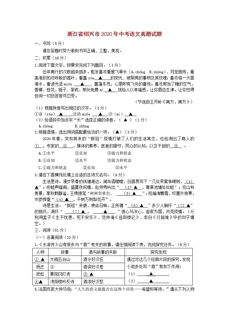 浙江省绍兴市2020年中考语文真题试题01