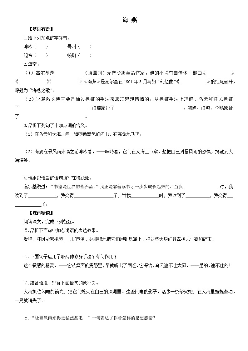 统编版九年级语文下册学案4.《海燕》含答案01
