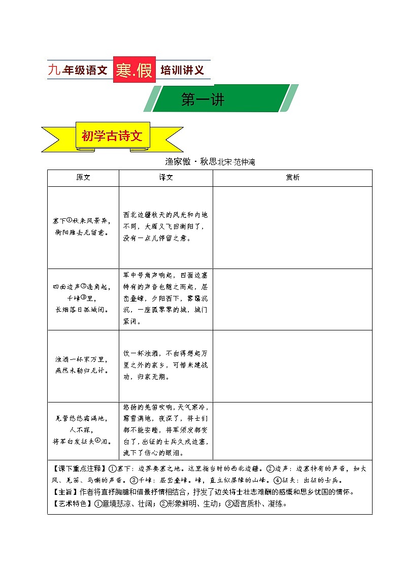 第01讲 新知+综合训练题+现代文阅读+文言古诗练2020-2021学年寒假九年级语文下辅导讲义（全国通用）01